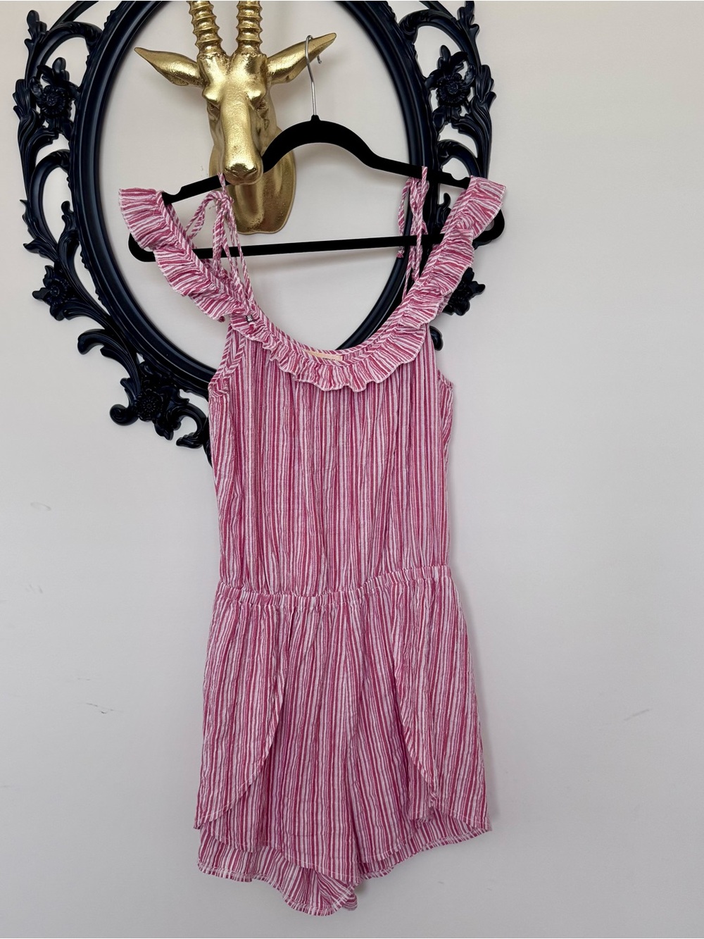 Black Swan Red and White Striped Ruffle-Shoulder Romper